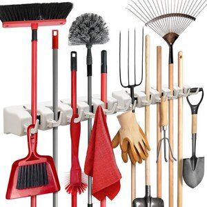 Mop and Broom Holder Wall Mount 2 Pack‎ Garage Storage Organizer with 5 Slots